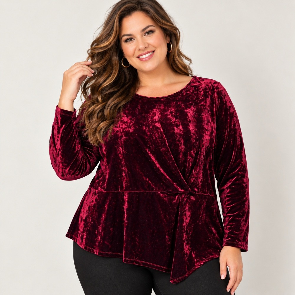 CJ Banks Velvet Top Women Plus 1X Red Long Sleeve Ruched Holiday Elegant Dressy